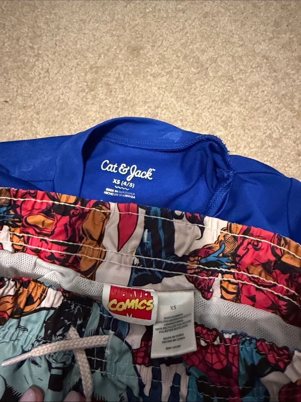 Blue Kids Rash Guard Top XS and Marvel Superhero Swim Shorts XS Set